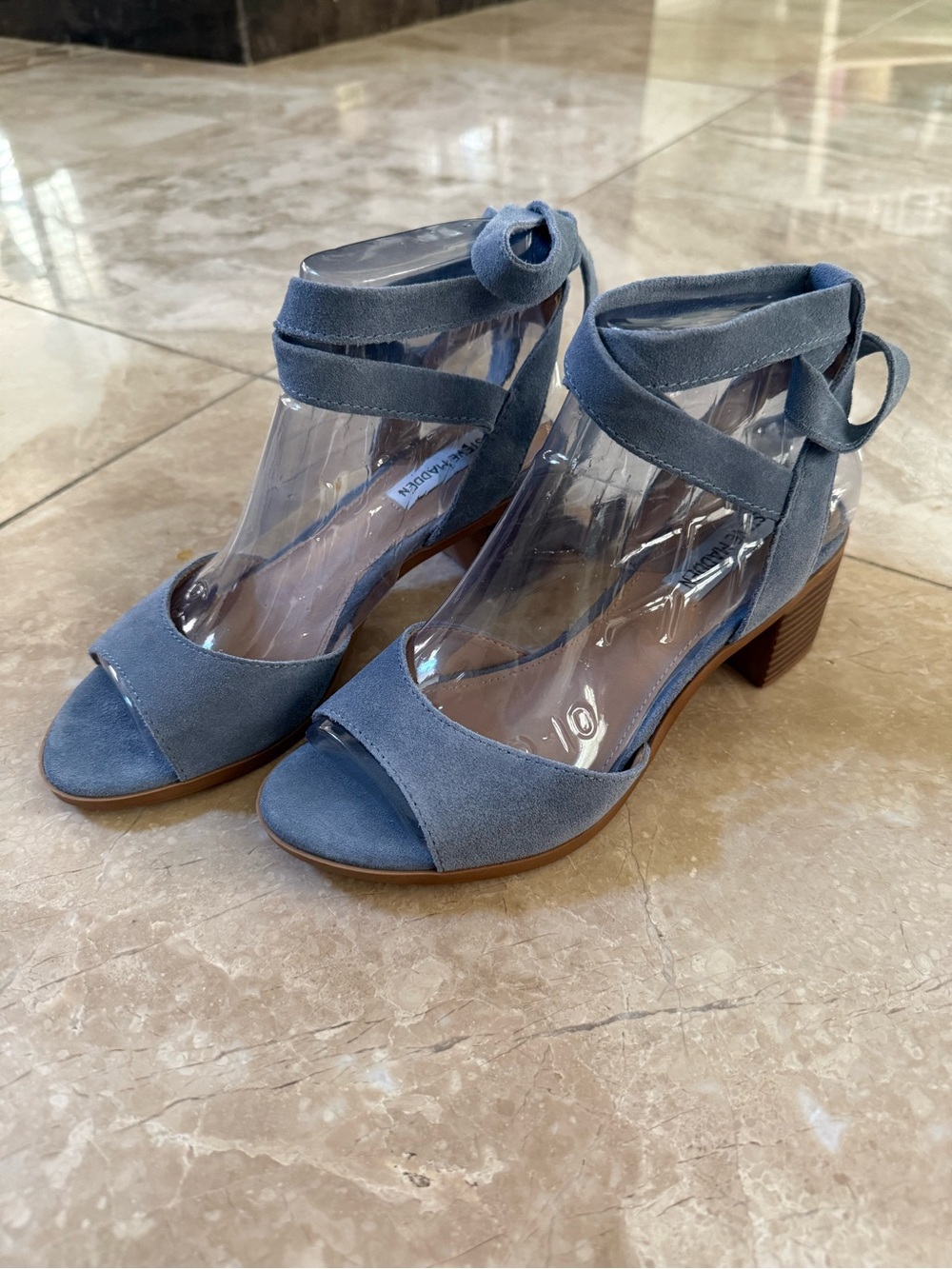 Steve Madden Dusty Blue Suede Ankle Tie Block Heel Sandals